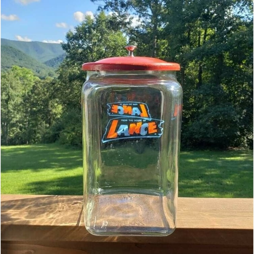 Vintage Lance Glass Display Counter Cookie Cracker Jar w Original Red Lid 13"